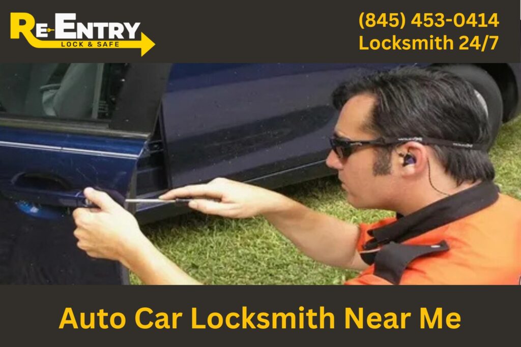 Auto car locksmith helping a driver with key replacement and lockout services near me.