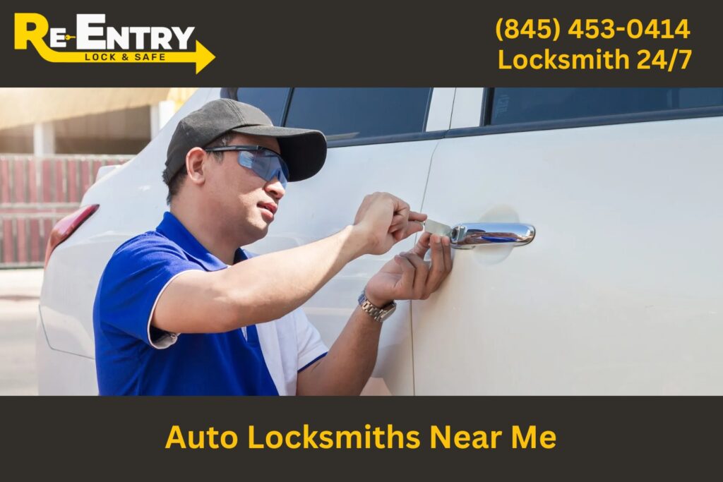 Local auto locksmith technician unlocking a car door near me.