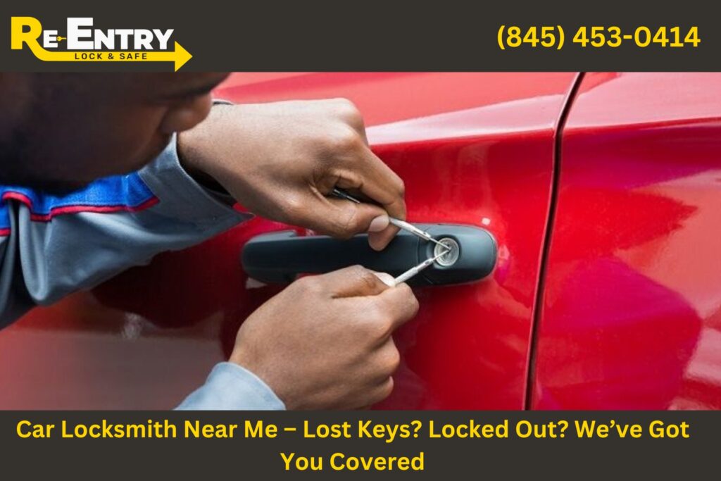 Car locksmith helping a driver with lost car keys and lockout services near me.