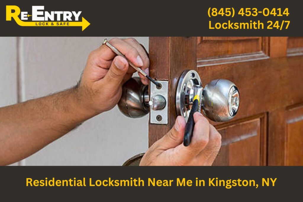 Residential locksmith in Kingston NY installing and repairing home door locks.