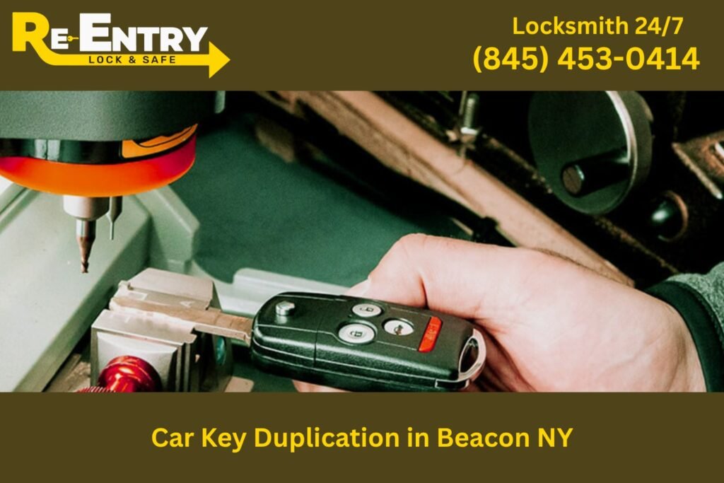 Automotive locksmith creating a duplicate car key in Beacon NY